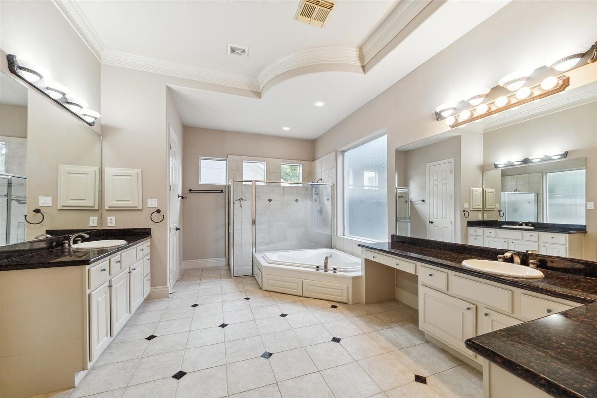 Bathroom, Dual Sink Vanities, Glass Shower, Interior, Recessed Lighting