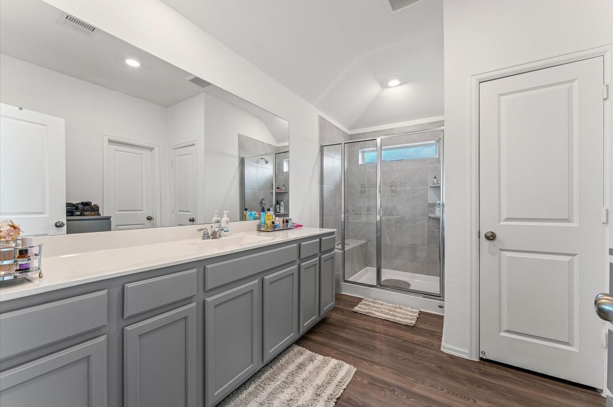 Bathroom, Glass Shower, Interior, Recessed Lighting, Wood Texture Flooring