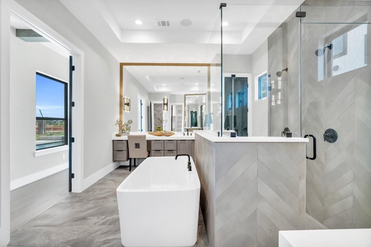 Bathroom, Dual Sink Vanities, Free Standing Baths, Glass Shower, Interior, Marble, Recessed Lighting