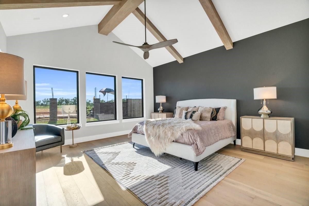 Bedroom, Interior, Recessed Lighting, Wooden Beams, Wood Texture Flooring