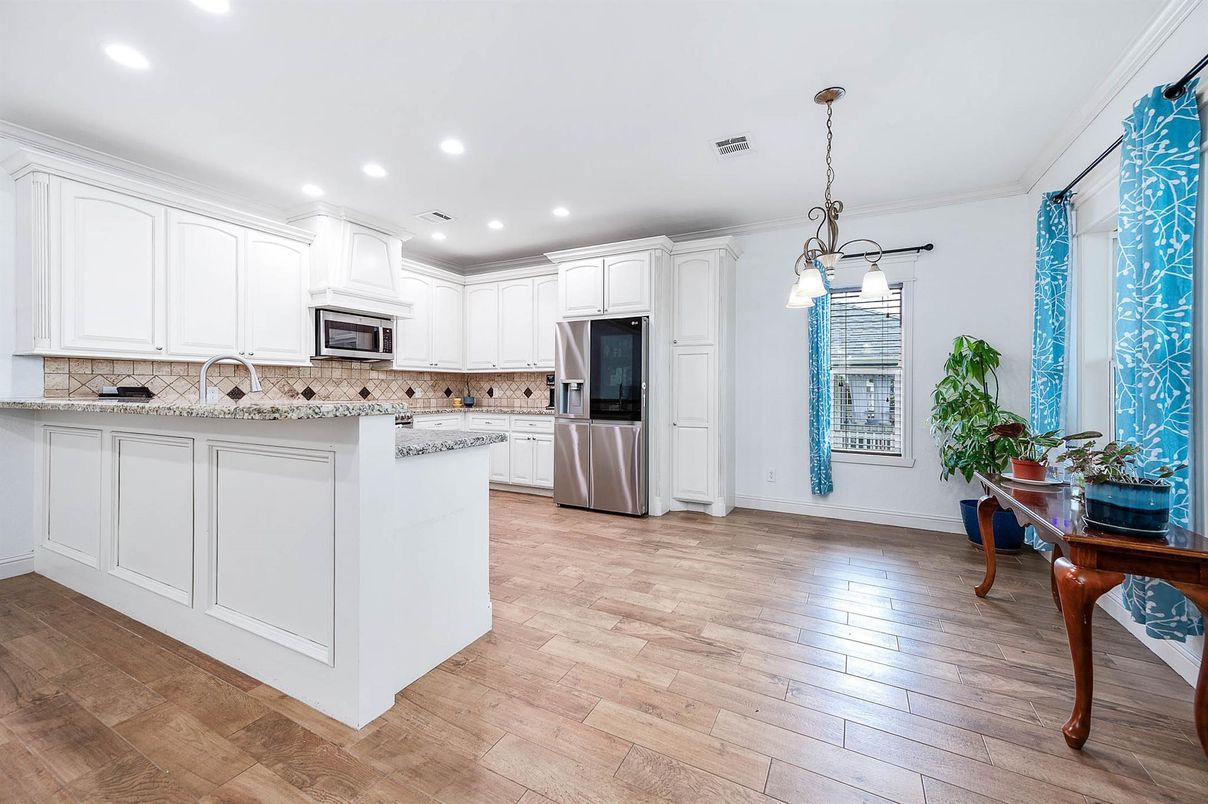 Interior, Kitchen, Pendant Lights, Recessed Lighting, Stainless Steel Appliances, Wood Texture Flooring