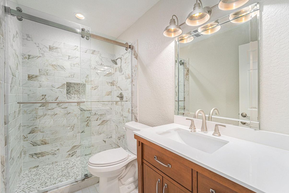 Bathroom, Glass Shower, Interior, Marble Walls, Recessed Lighting