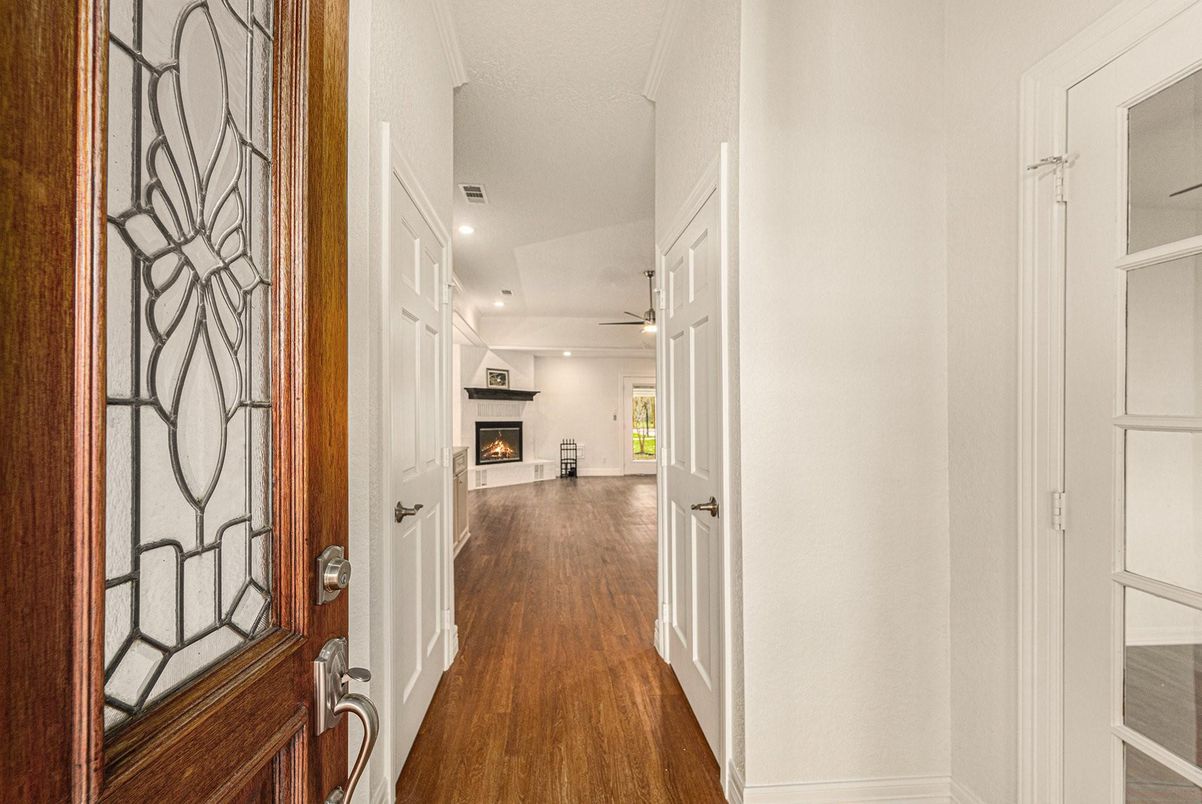 Fireplace, Interior, Recessed Lighting, Wood Texture Flooring