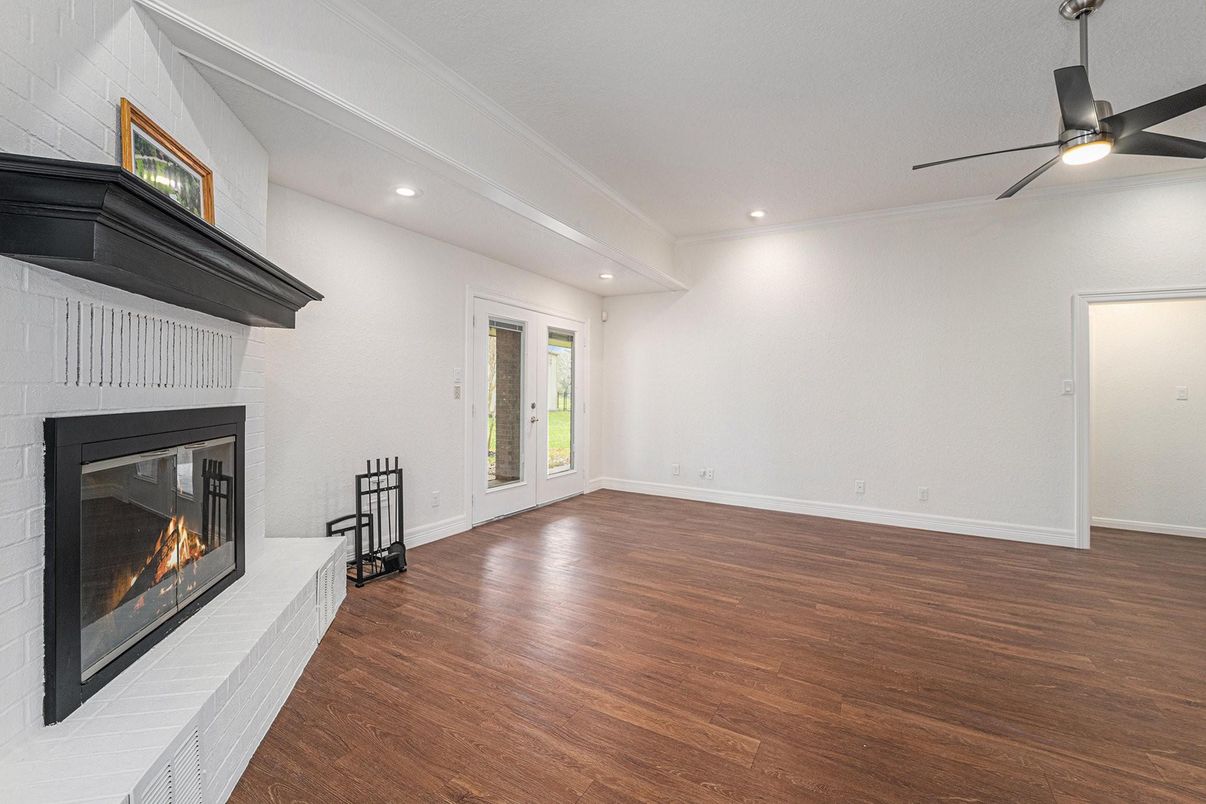 Empty room, Fireplace, Interior, Recessed Lighting, Wood Texture Flooring