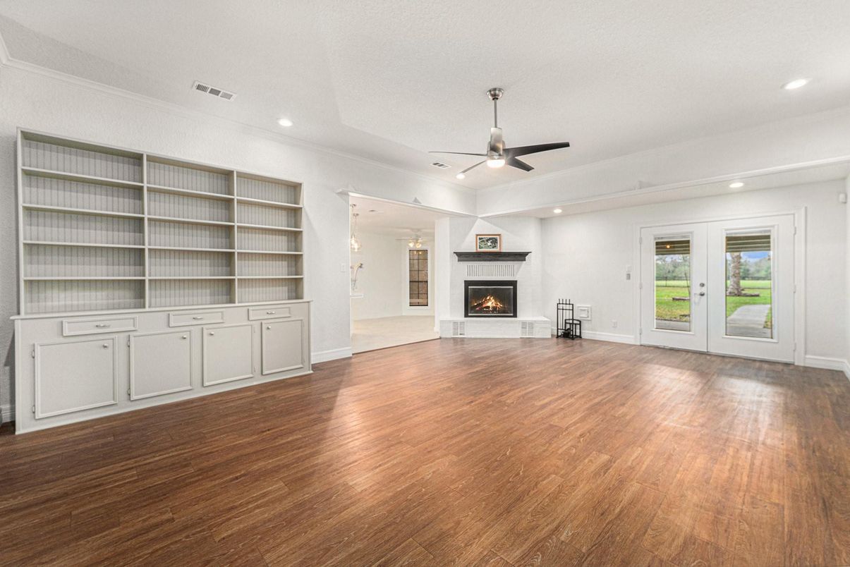 Empty room, Fireplace, Interior, Recessed Lighting, Wood Texture Flooring