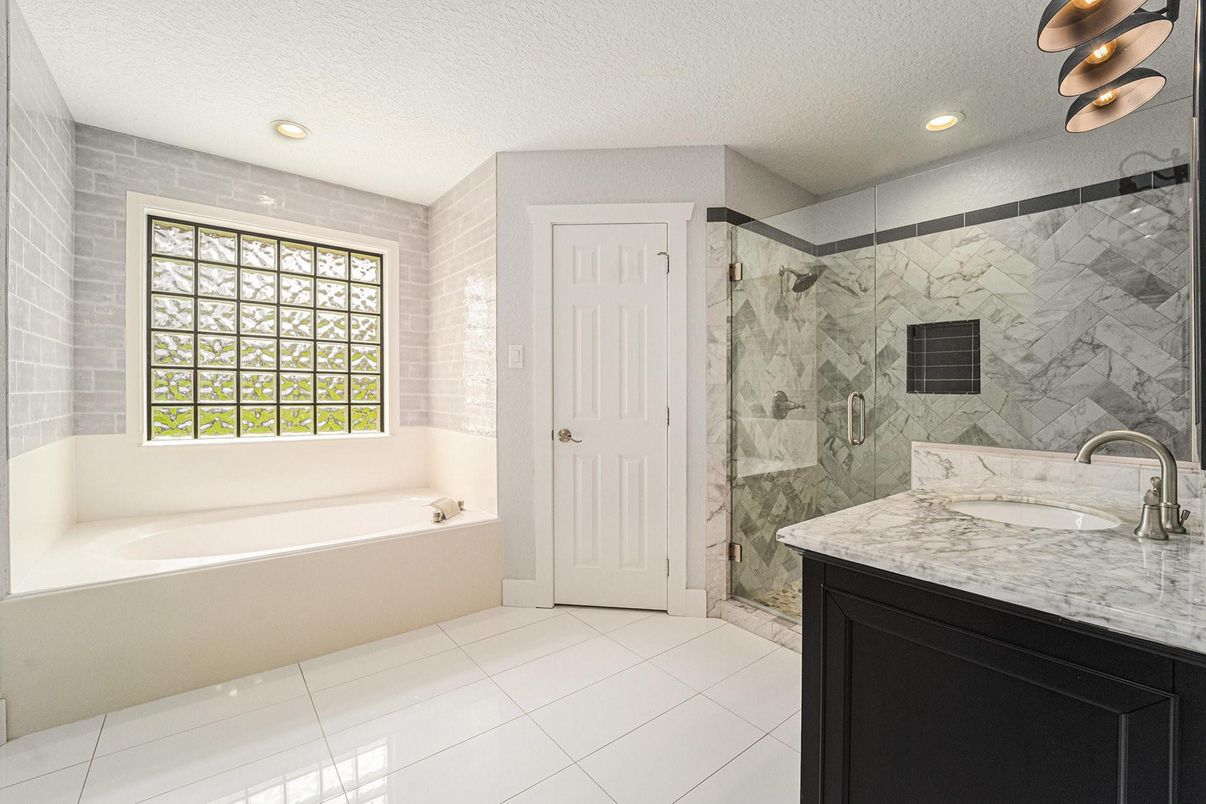 Bathroom, Glass Shower, Interior, Marble Walls, Recessed Lighting