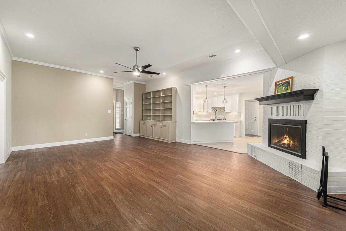 Empty room, Fireplace, Interior, Recessed Lighting, Wood Texture Flooring