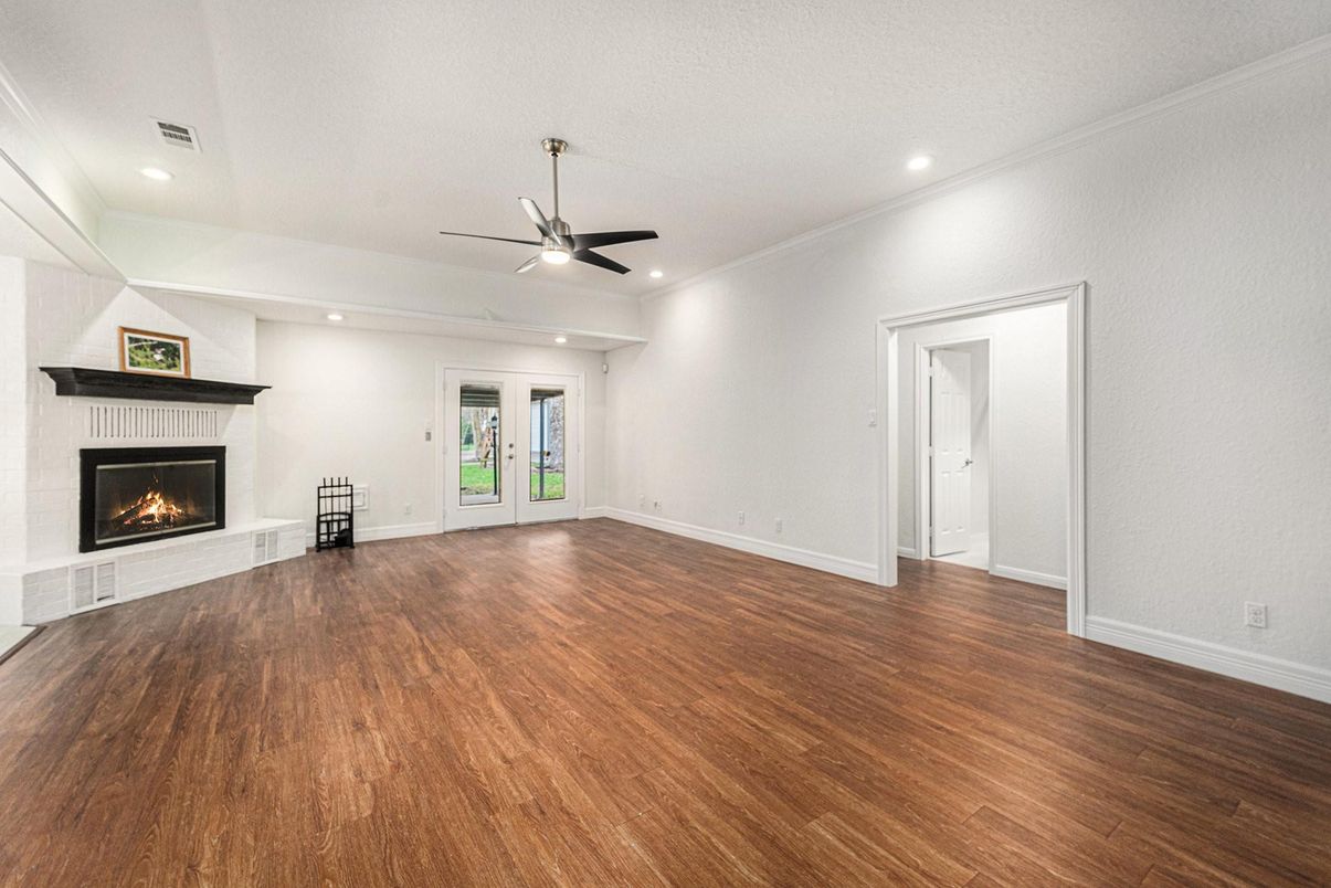 Empty room, Fireplace, Interior, Recessed Lighting, Wood Texture Flooring