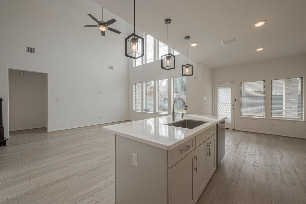 Interior, Kitchen, Pendant Lights, Recessed Lighting, Wood Texture Flooring