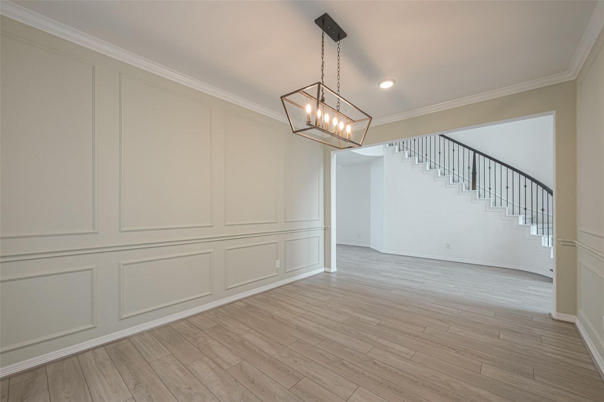 Empty room, Interior, Pendant Lights, Recessed Lighting, Wood Texture Flooring