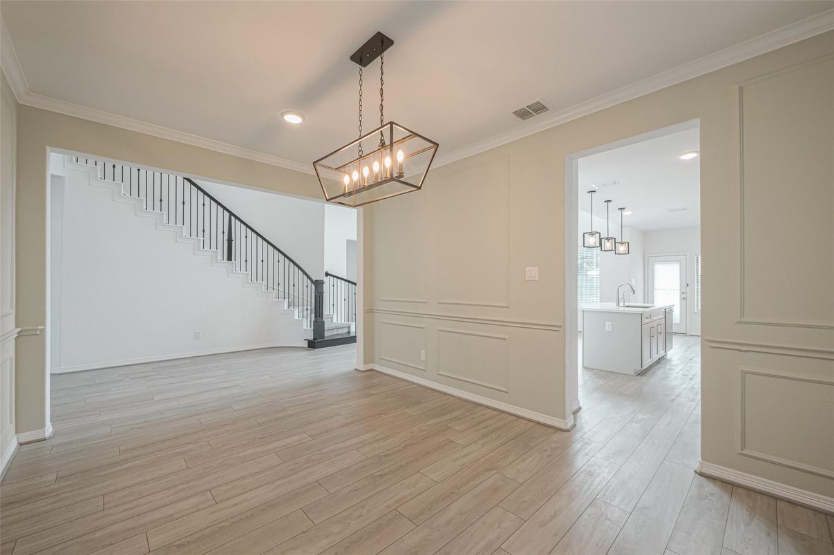 Empty room, Interior, Kitchen, Pendant Lights, Recessed Lighting, Wood Texture Flooring