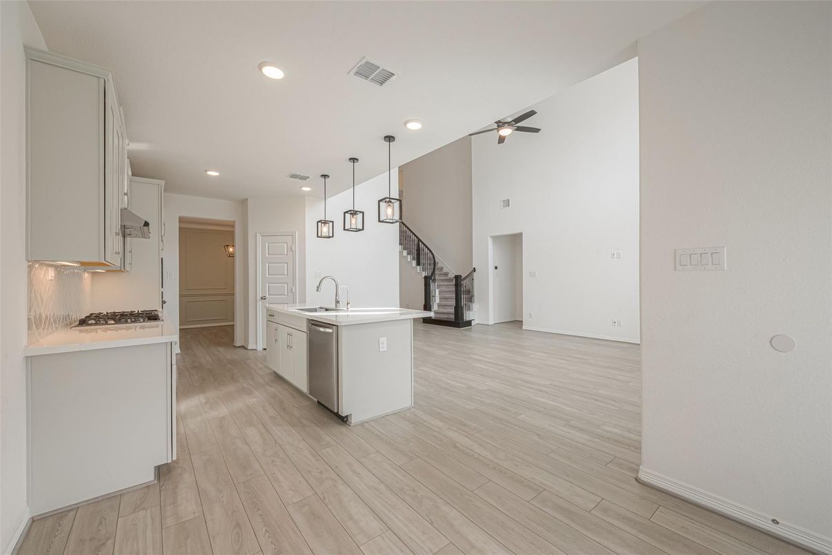 Interior, Kitchen, Pendant Lights, Recessed Lighting, Wood Texture Flooring