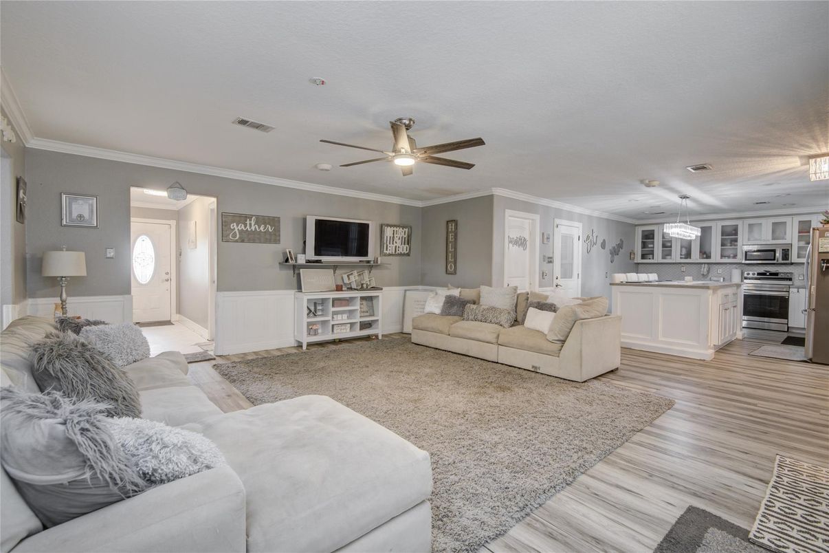 Interior, Kitchen, Living room, Stainless Steel Appliances, Wood Texture Flooring