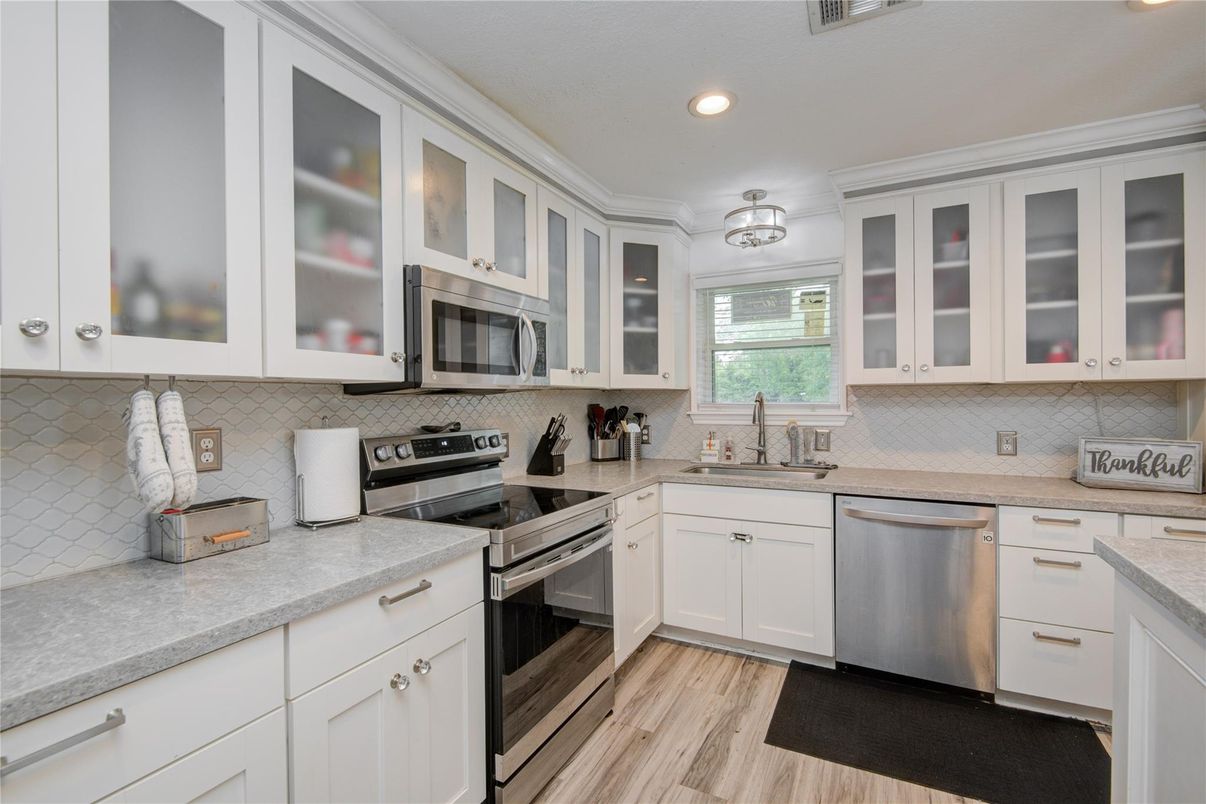 Interior, Kitchen, Recessed Lighting, Stainless Steel Appliances, Wood Texture Flooring