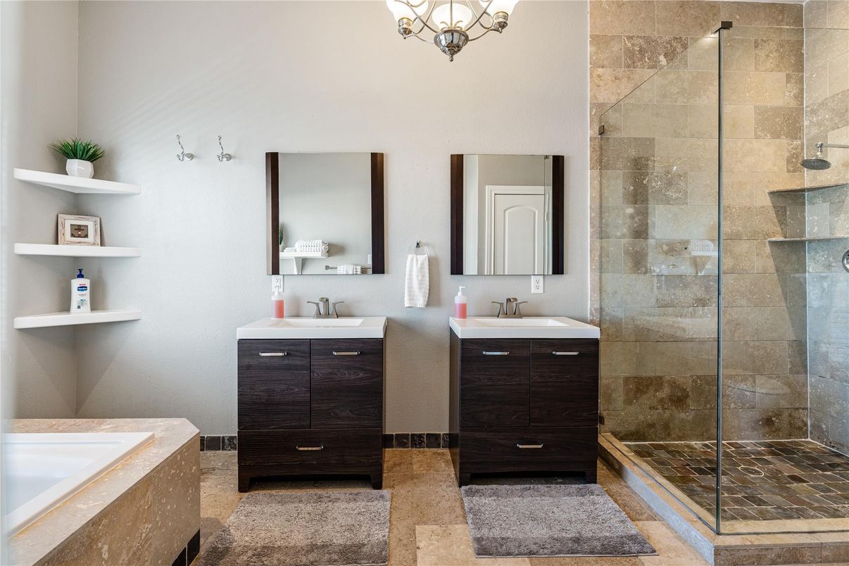 Bathroom, Chandelier, Dual Sink Vanities, Glass Shower, Interior