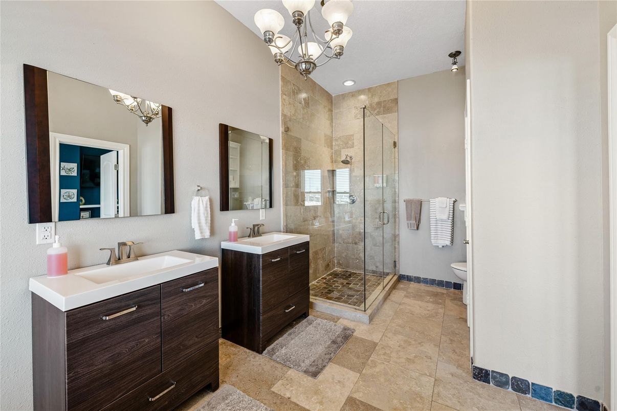 Bathroom, Chandelier, Dual Sink Vanities, Glass Shower, Interior, Recessed Lighting