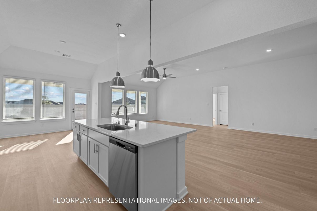 Interior, Kitchen, Pendant Lights, Recessed Lighting, Wood Texture Flooring