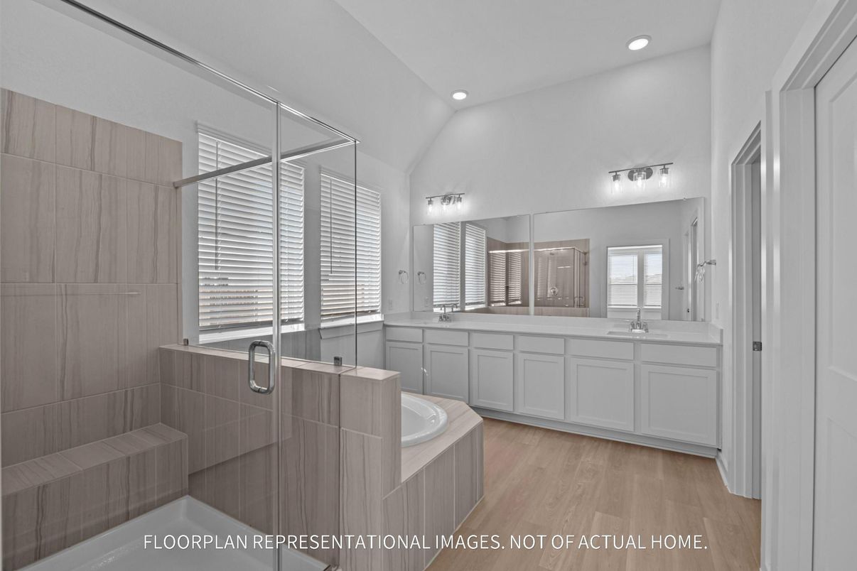 Bathroom, Dual Sink Vanities, Glass Shower, Interior, Recessed Lighting, Wood Texture Flooring