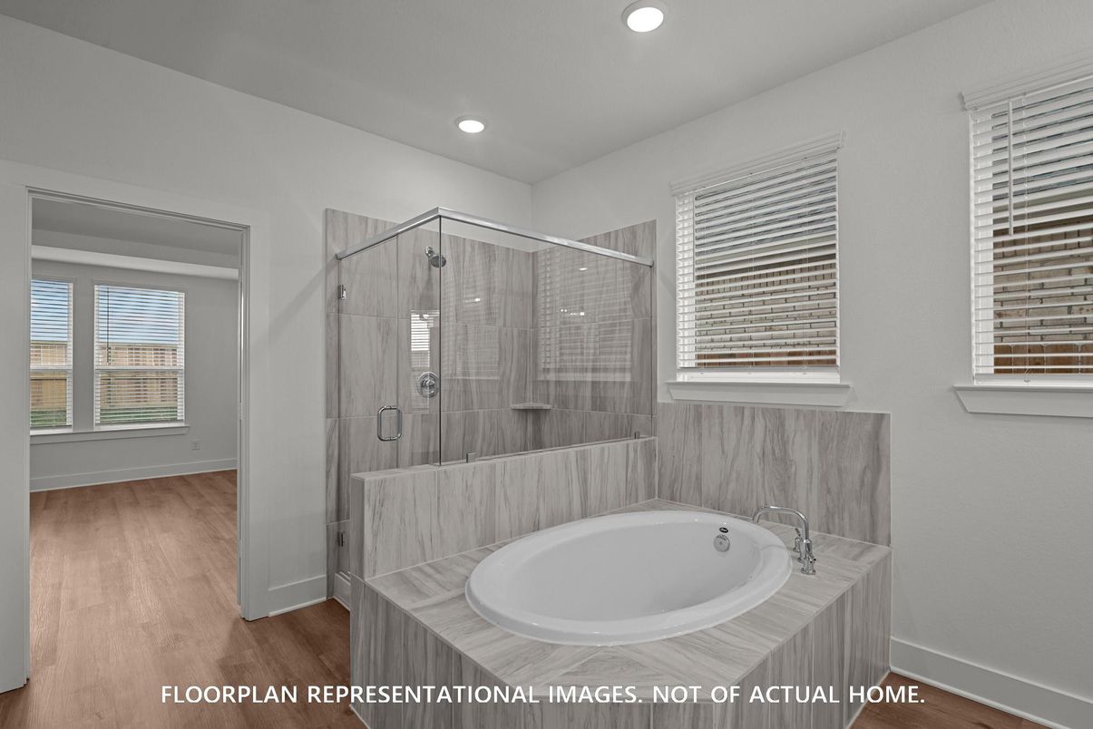 Bathroom, Glass Shower, Interior, Recessed Lighting, Wood Texture Flooring