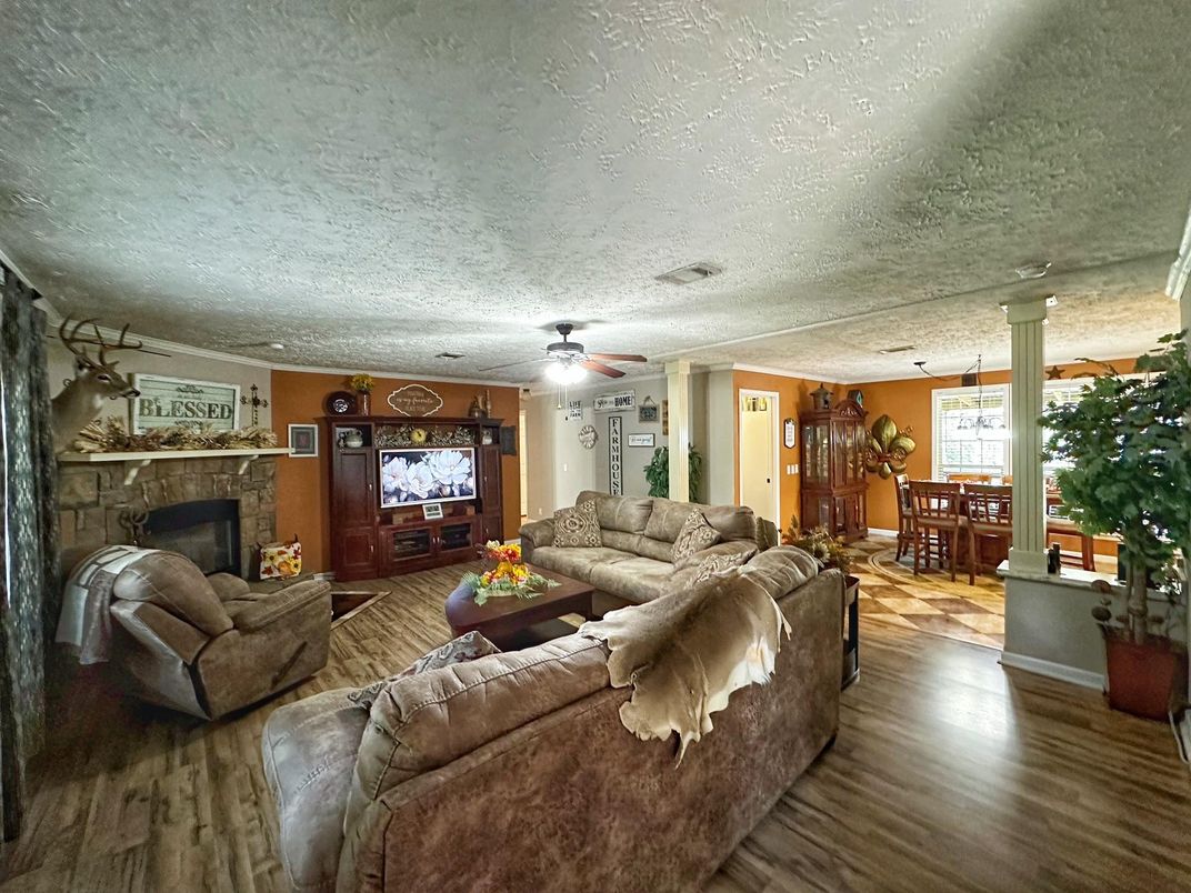 Dining room, Fireplace, Interior, Living room, Wood Texture Flooring