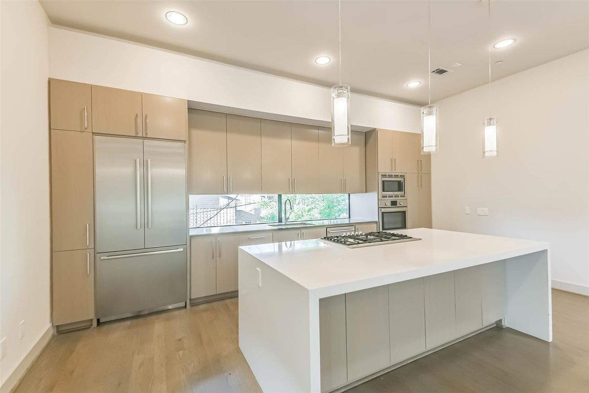 Interior, Kitchen, Pendant Lights, Recessed Lighting, Stainless Steel Appliances, Wood Texture Flooring