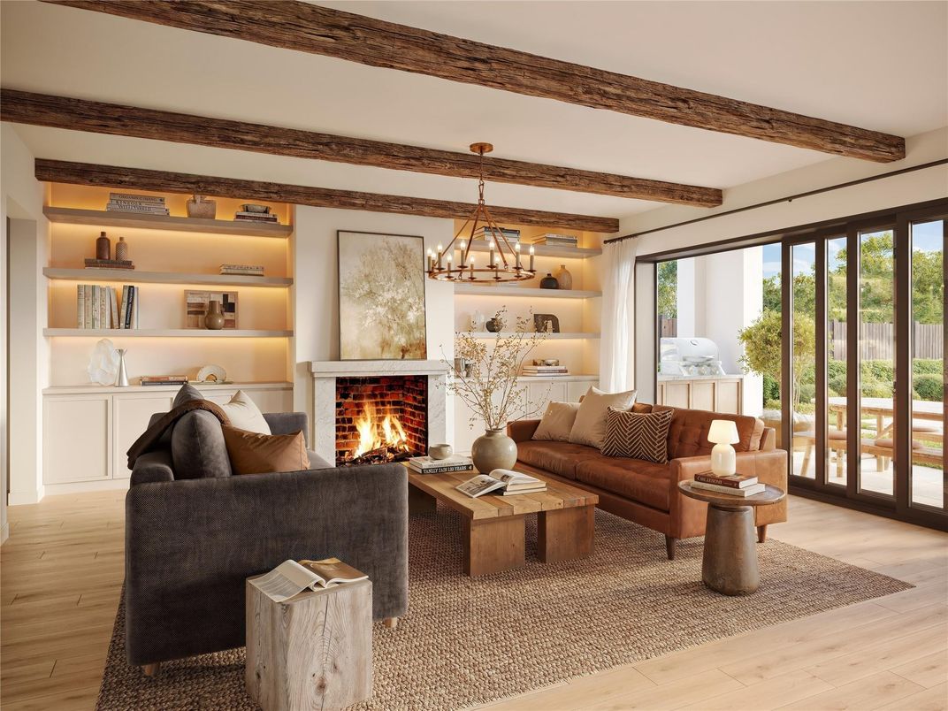 Chandelier, Fireplace, Interior, Living room, Wooden Beams, Wood Texture Flooring