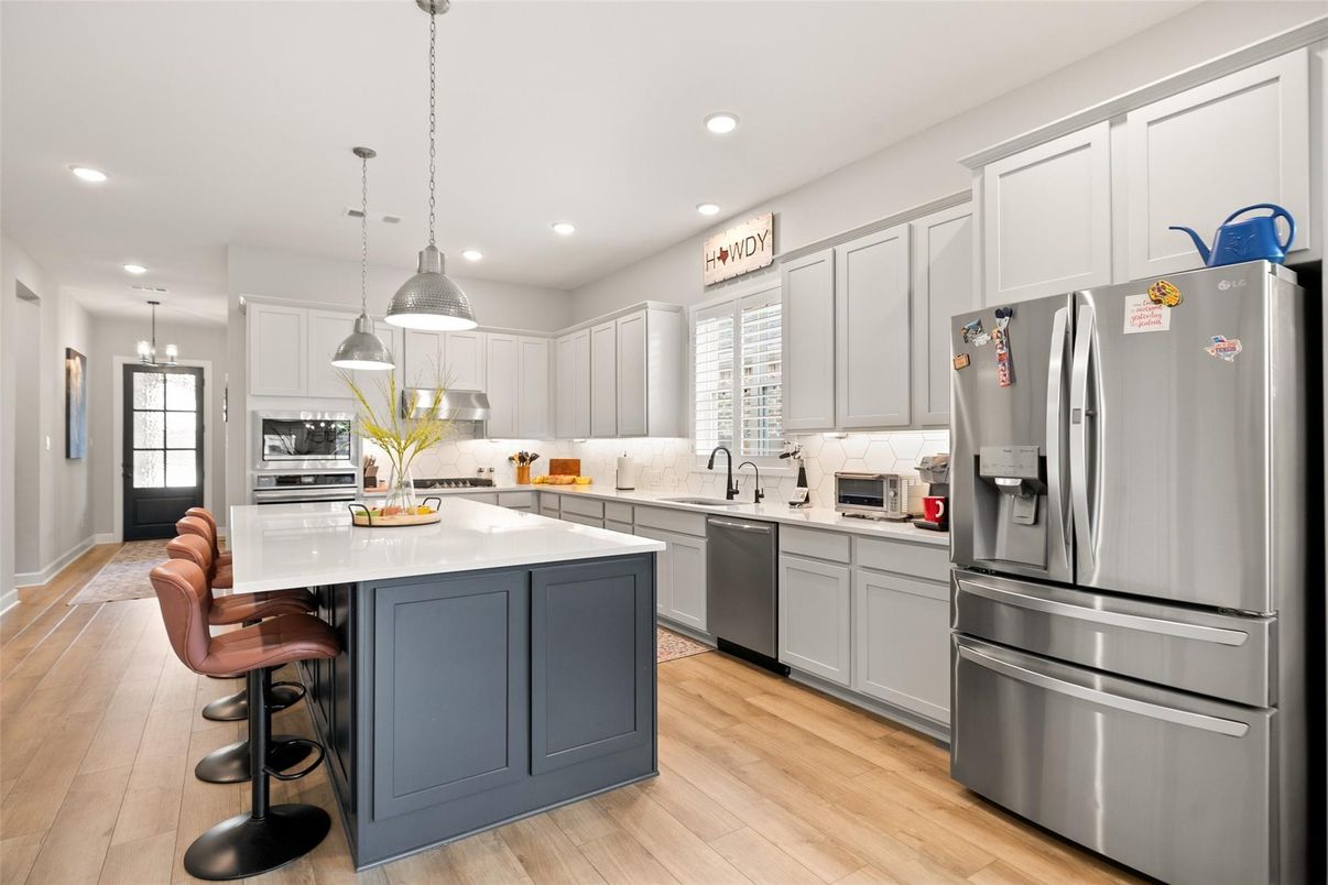 Interior, Kitchen, Pendant Lights, Recessed Lighting, Stainless Steel Appliances, Wood Texture Flooring