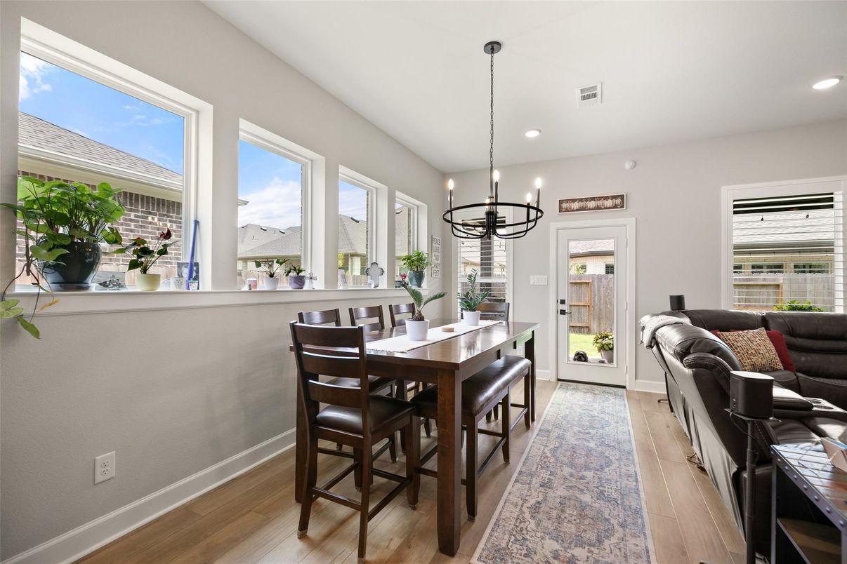 Chandelier, Dining room, Interior, Living room, Pendant Lights, Recessed Lighting, Wood Texture Flooring