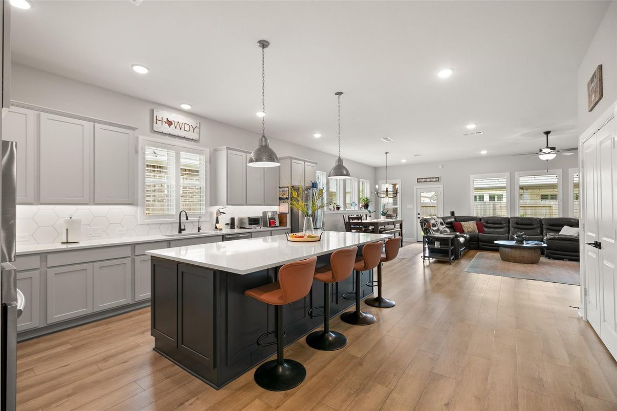 Interior, Kitchen, Living room, Pendant Lights, Recessed Lighting, Wood Texture Flooring