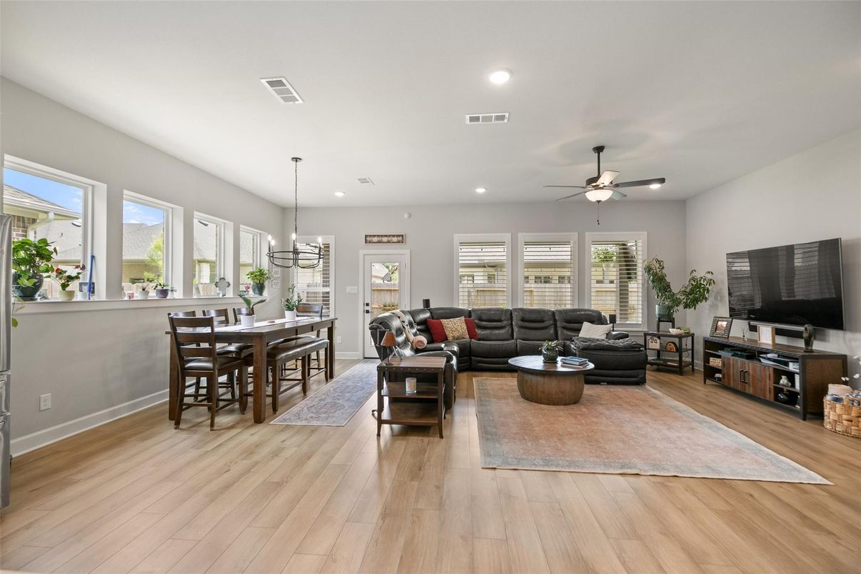 Dining room, Interior, Living room, Pendant Lights, Recessed Lighting, Wood Texture Flooring