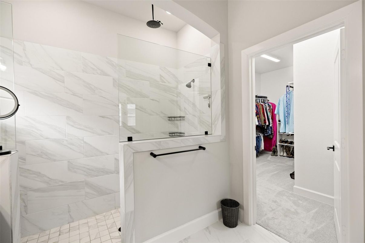 Bathroom, Glass Shower, Interior, Marble, Marble Walls, Recessed Lighting, Walk-in Closets