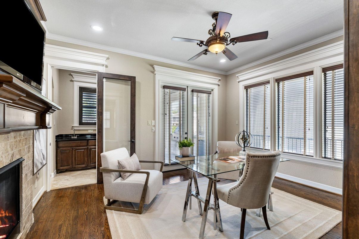 Fireplace, Home Office, Interior, Recessed Lighting, Stone Walls, Wood Texture Flooring