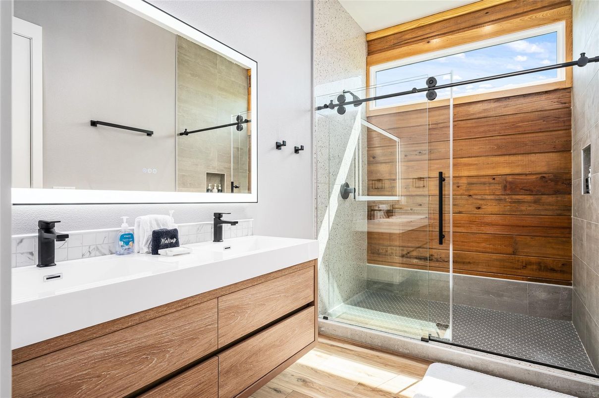 Bathroom, Glass Shower, Interior, Wood Texture Flooring