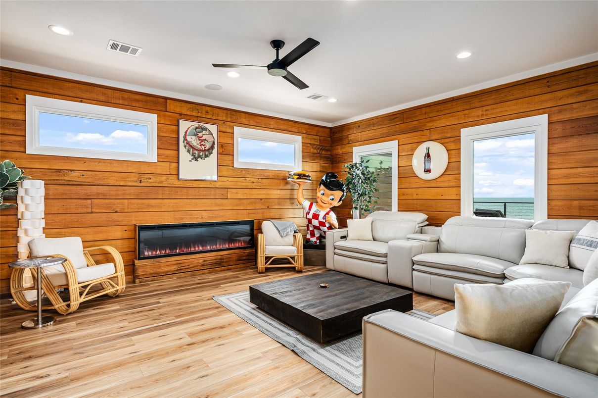Fireplace, Interior, Living room, Recessed Lighting, Wood Texture Flooring, Wooden Walls