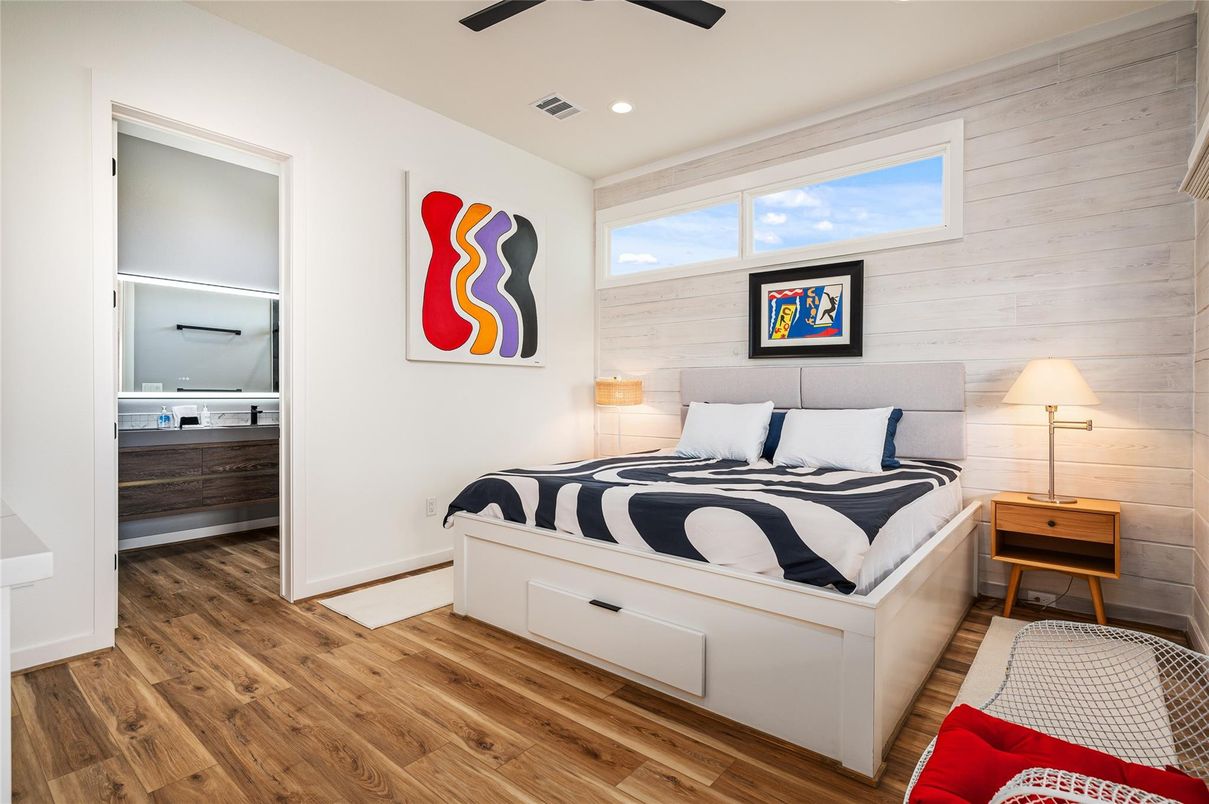 Bedroom, Interior, Recessed Lighting, Wood Texture Flooring