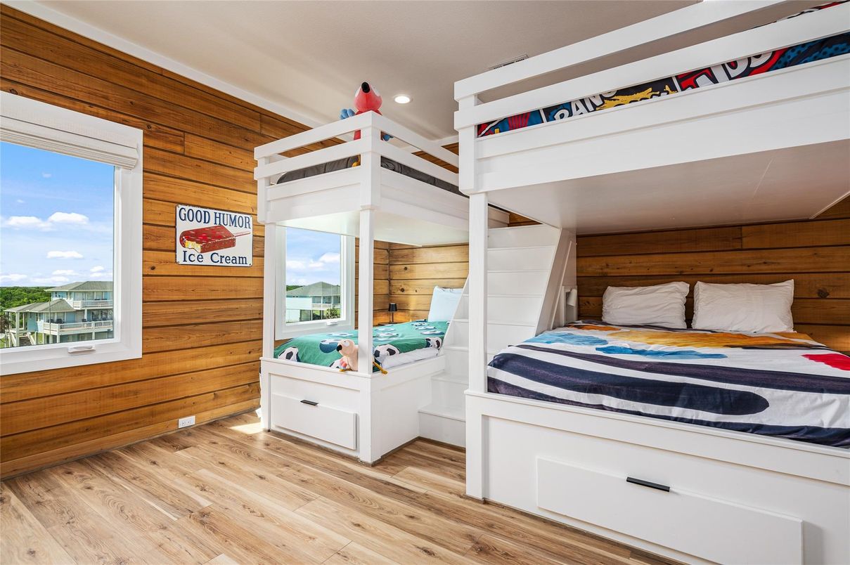 Bedroom, Interior, Recessed Lighting, Wood Texture Flooring, Wooden Walls