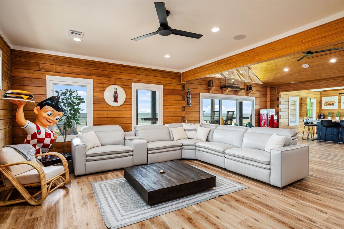 Dining room, Interior, Living room, Recessed Lighting, Wooden Ceilings, Wood Texture Flooring, Wooden Walls