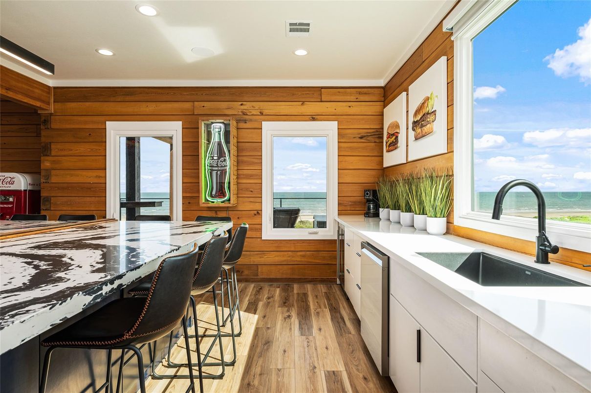 Interior, Kitchen, Recessed Lighting, Water, Wood Texture Flooring, Wooden Walls