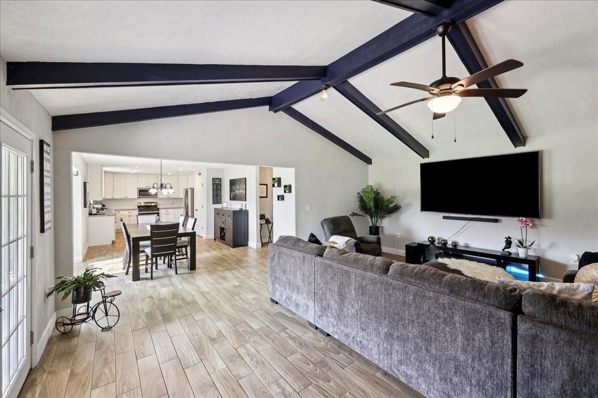 Dining room, Interior, Kitchen, Living room, Pendant Lights, Wood Texture Flooring
