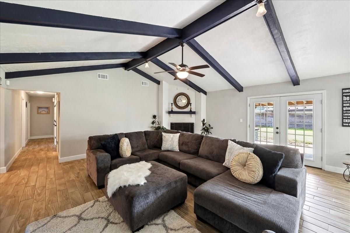 Fireplace, Interior, Living room, Wooden Beams, Wood Texture Flooring