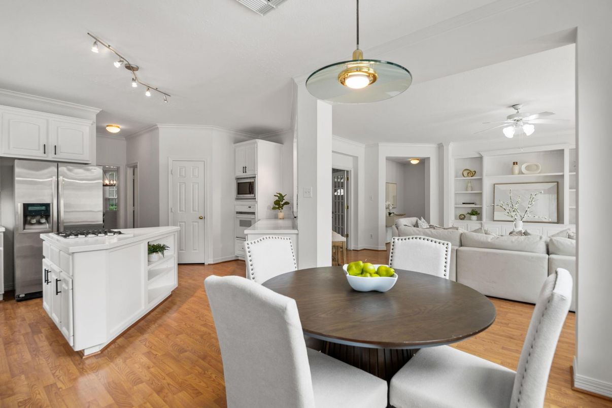Dining room, Interior, Kitchen, Living room, Pendant Lights, Stainless Steel Appliances, Wood Texture Flooring