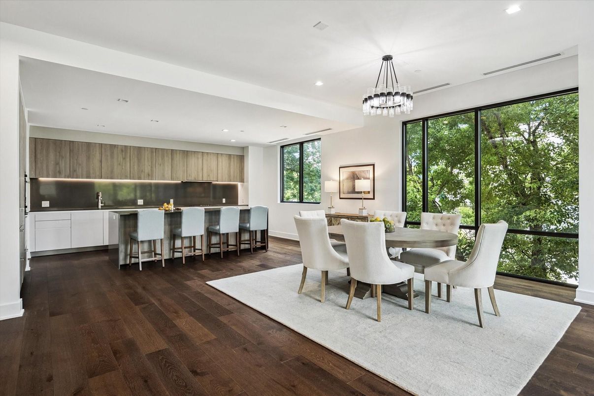 Chandelier, Dining room, Interior, Kitchen, Pendant Lights, Recessed Lighting, Wood Texture Flooring