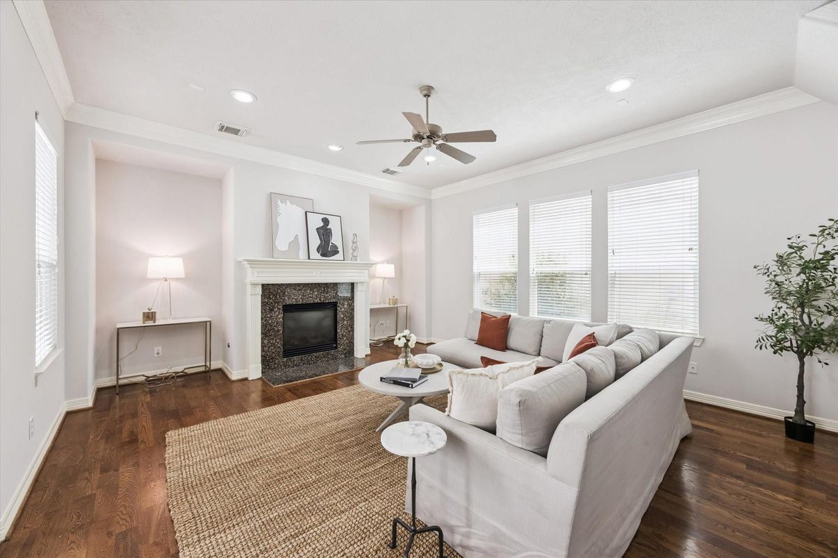 Fireplace, Interior, Living room, Recessed Lighting, Wood Texture Flooring