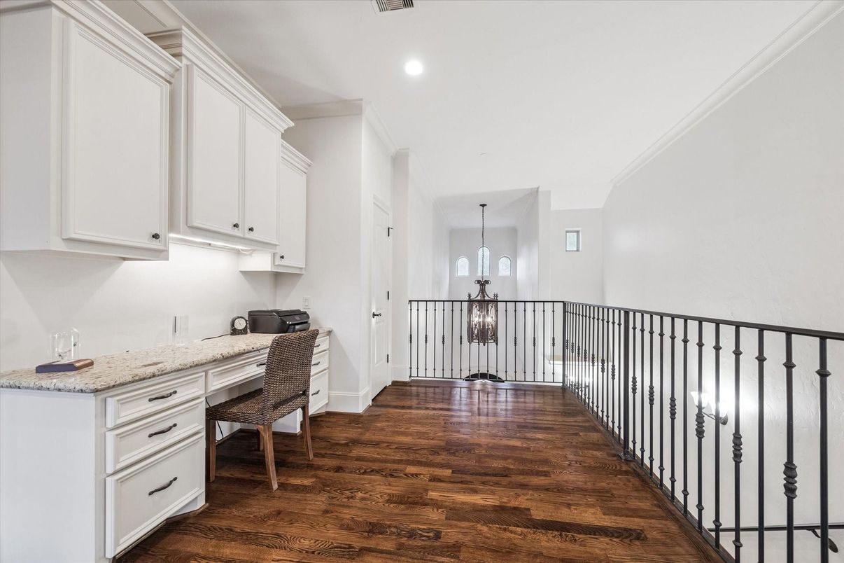 Chandelier, Home Office, Interior, Pendant Lights, Recessed Lighting, Wood Texture Flooring
