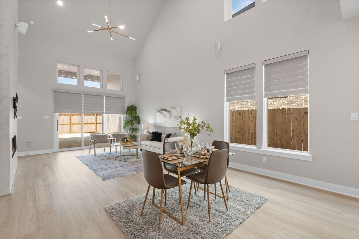 Dining room, Interior, Living room, Pendant Lights, Recessed Lighting, Wood Texture Flooring