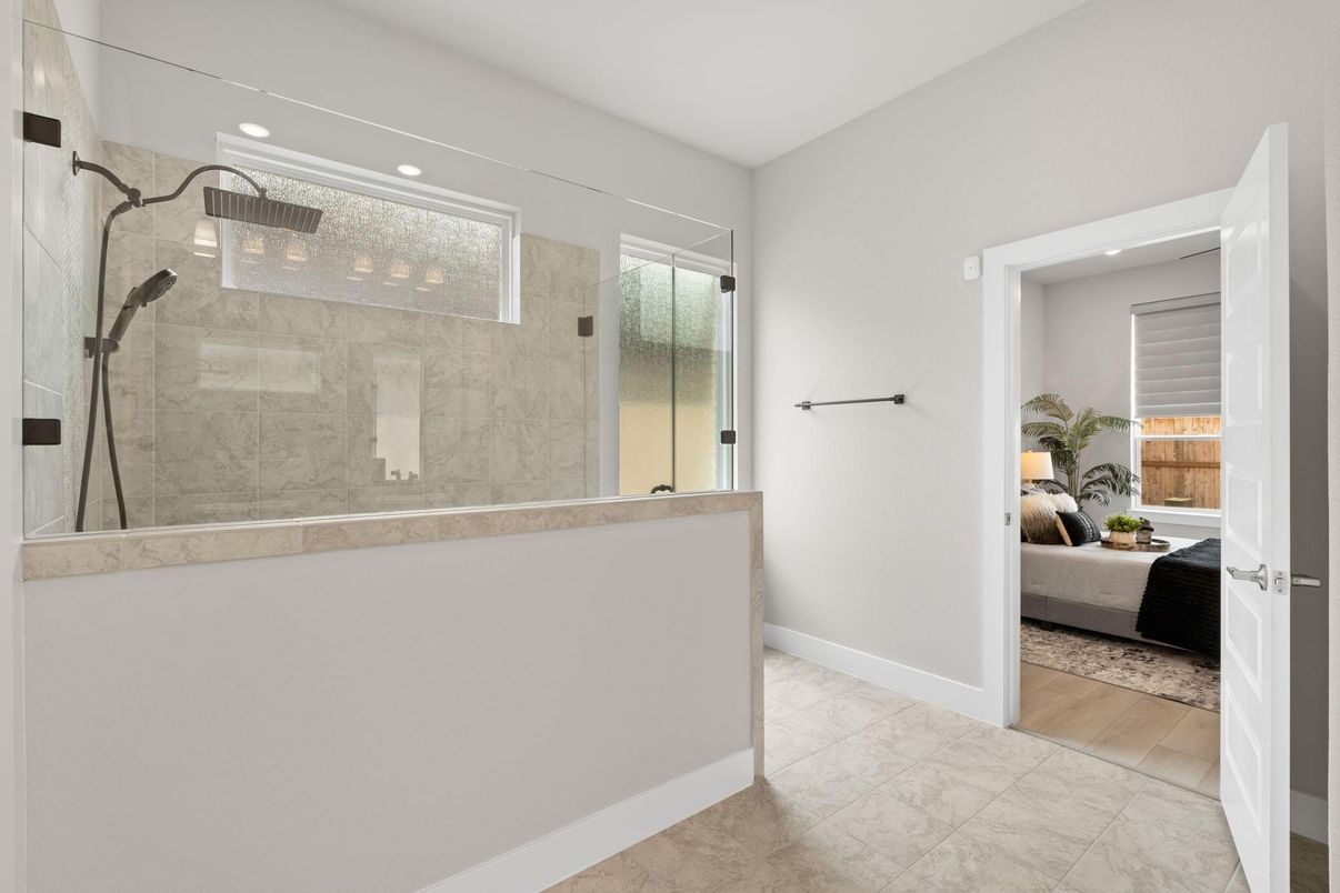 Bathroom, Bedroom, Glass Shower, Interior, Recessed Lighting, Wood Texture Flooring