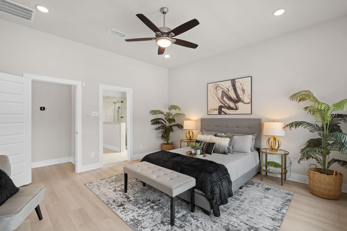 Bedroom, Interior, Recessed Lighting, Wood Texture Flooring