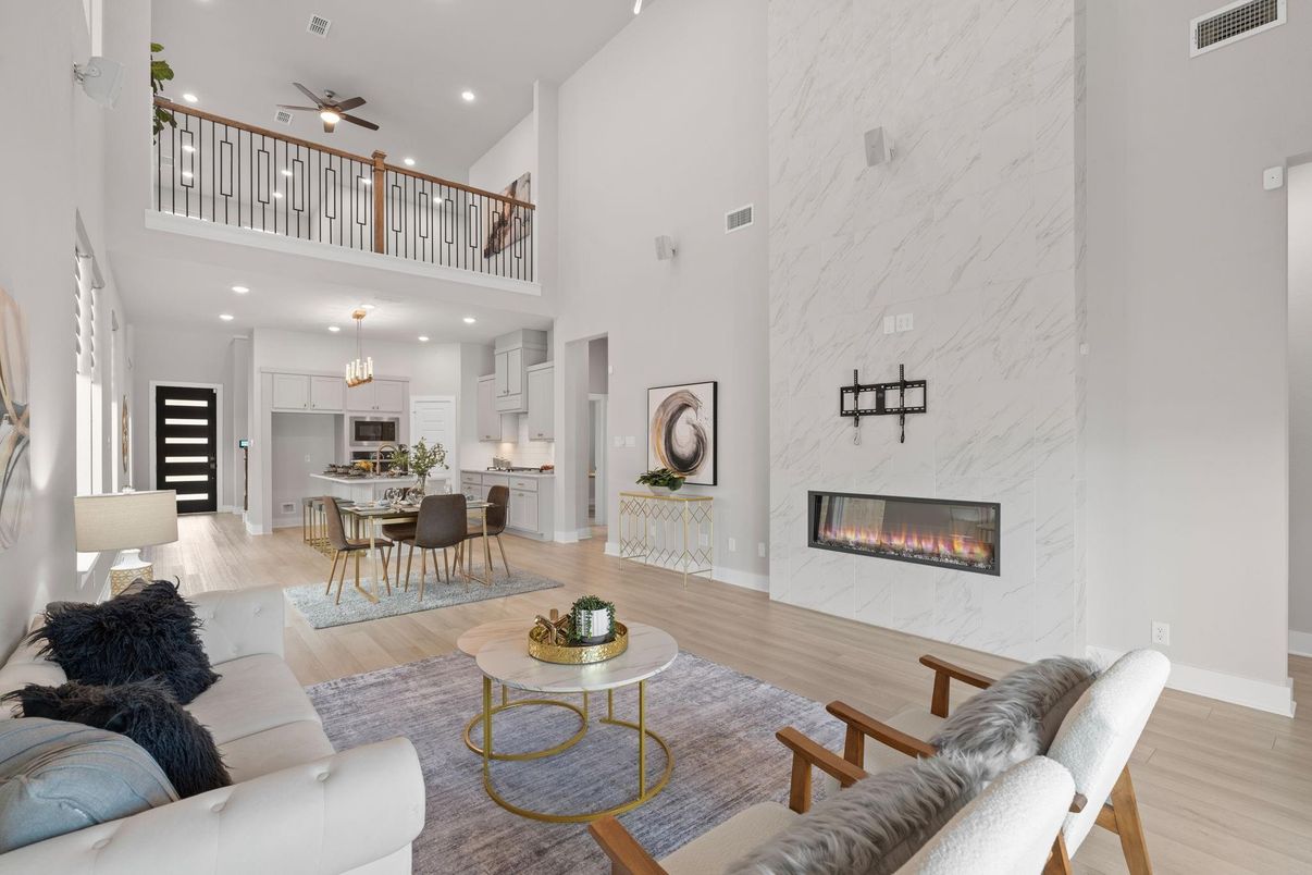 Chandelier, Dining room, Fireplace, Interior, Kitchen, Living room, Marble Walls, Pendant Lights, Recessed Lighting, Wood Texture Flooring