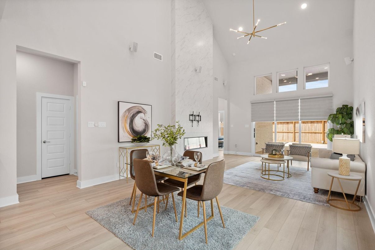 Dining room, Interior, Living room, Marble Walls, Pendant Lights, Recessed Lighting, Wood Texture Flooring