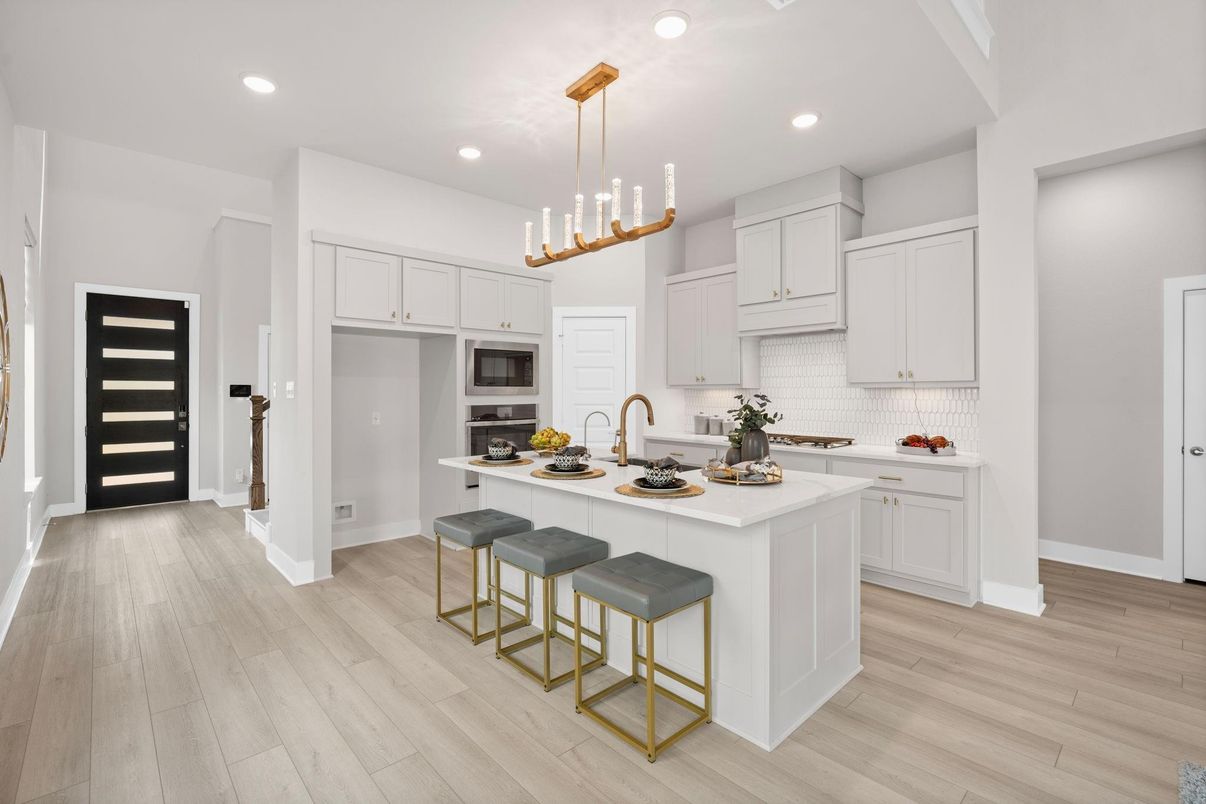 Interior, Kitchen, Pendant Lights, Recessed Lighting, Wood Texture Flooring